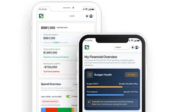 Swish mobile dashboards showing financial overview and budget health