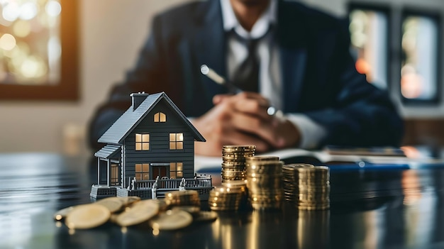 A model house and stacks of coins on a financial adviser's desk